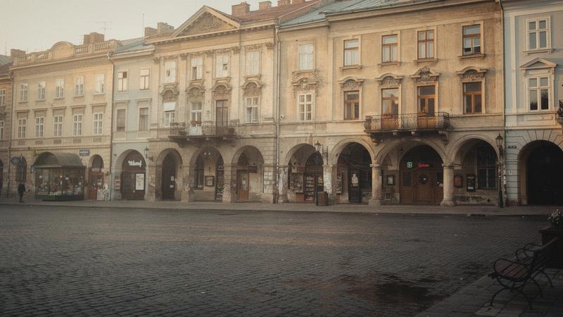 Renaissance facades and arcades on Rynok Square in Lviv